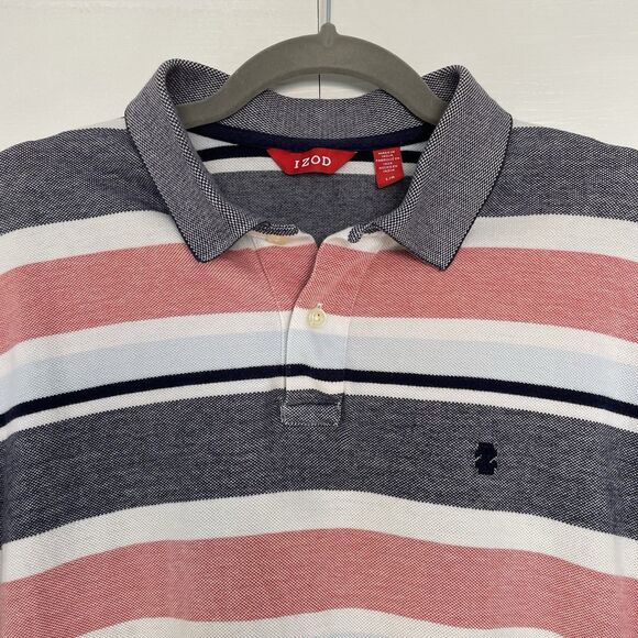 Men’s Izod Red/Blue Striped Polo Shirt Size L - Picture 2 of 6